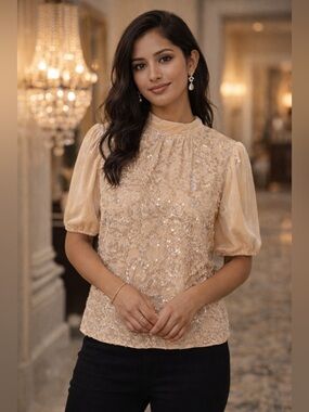 Greige- NWT Sequin Embellished Cream Puff Sleeve Top Size Small